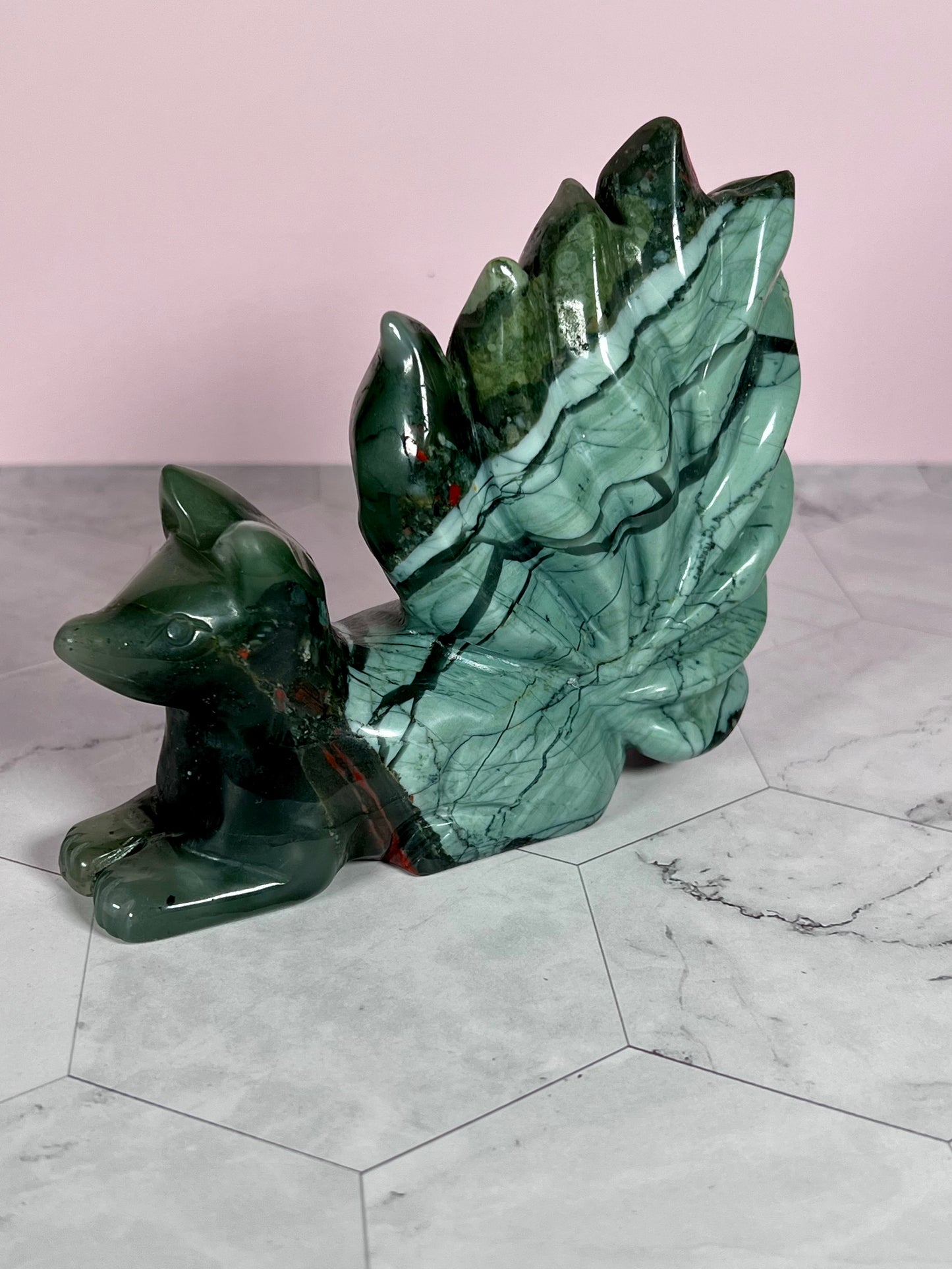 ONE (1) Stunning High Quality African Bloodstone Ninetail Fox Carving