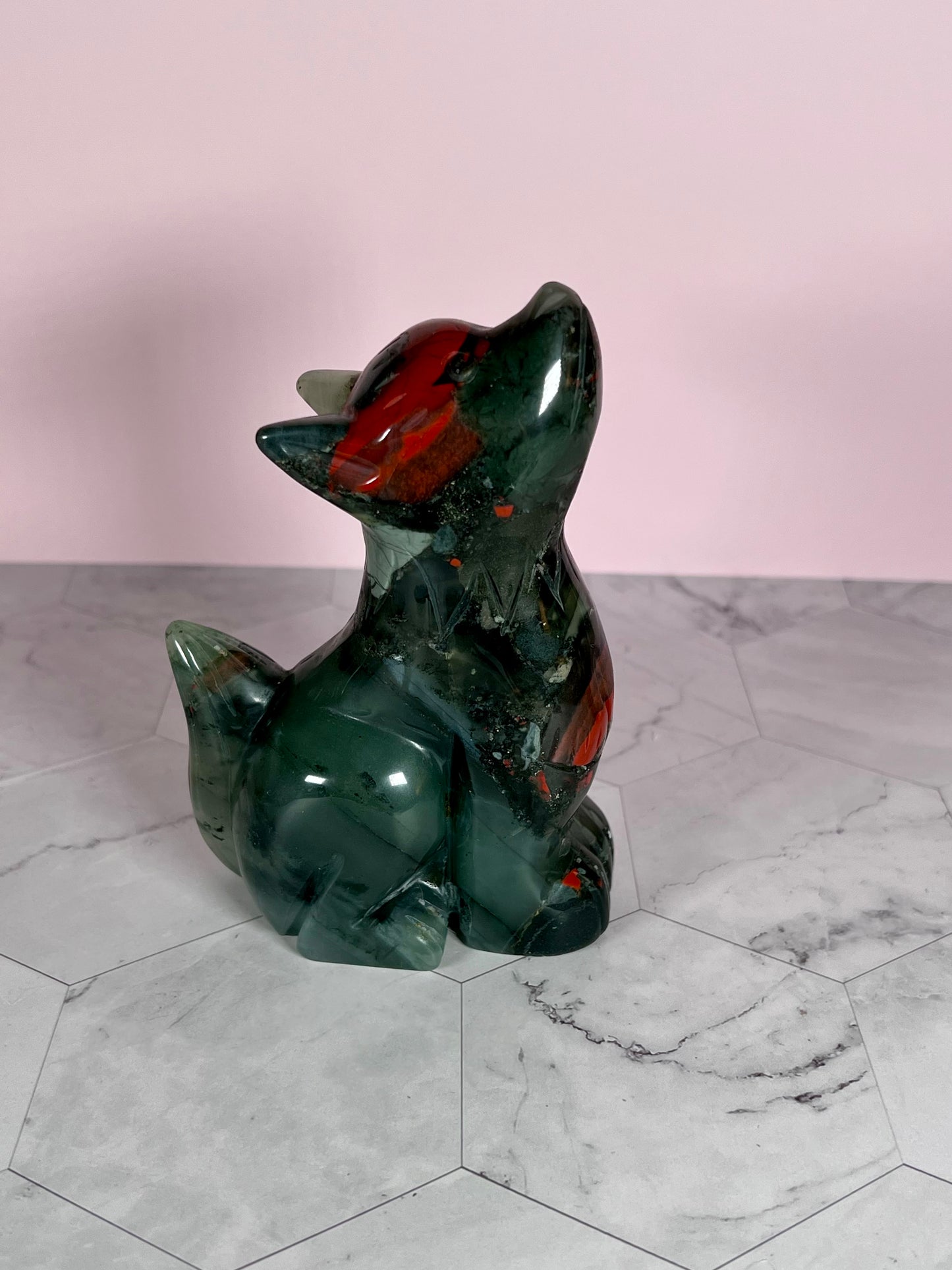 Stunning High Quality African Bloodstone Howling Wolf Carving