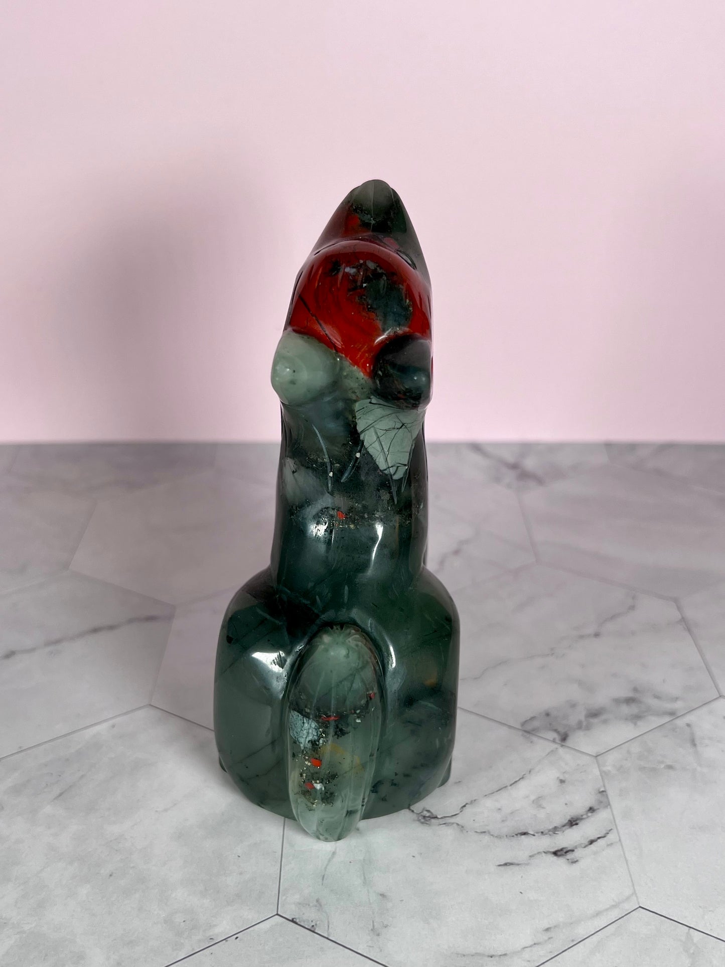 Stunning High Quality African Bloodstone Howling Wolf Carving
