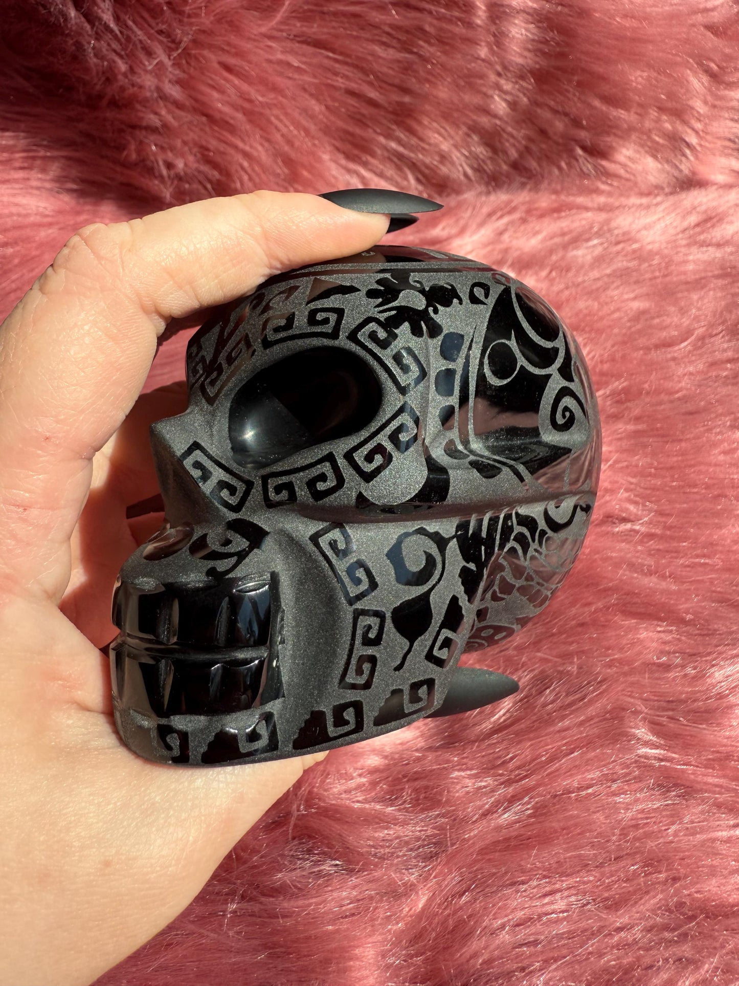 Stunning Etched Obsidian Skull from Mexico - B