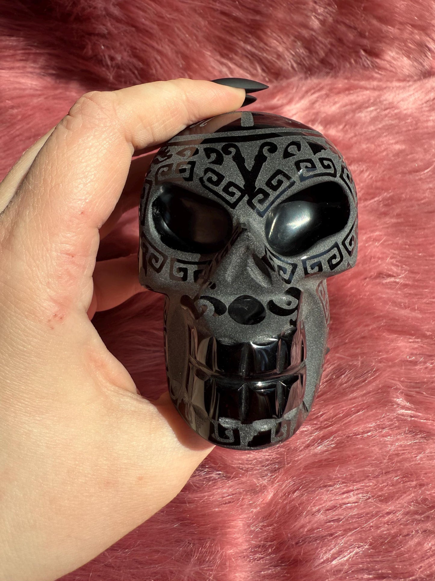 Stunning Etched Obsidian Skull from Mexico - B