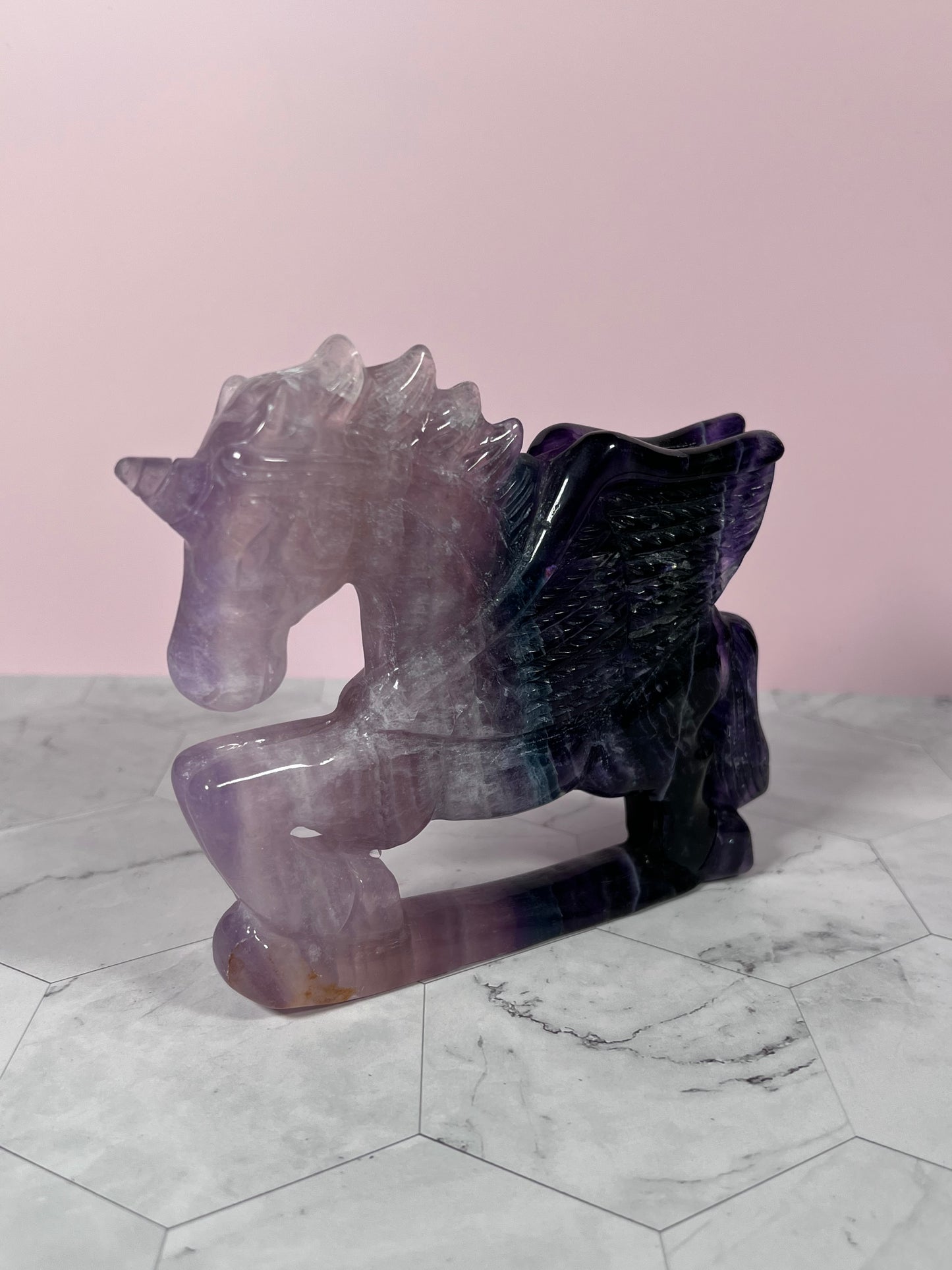 ONE (1) Stunning High Quality Fluorite Flying Unicorn Carving