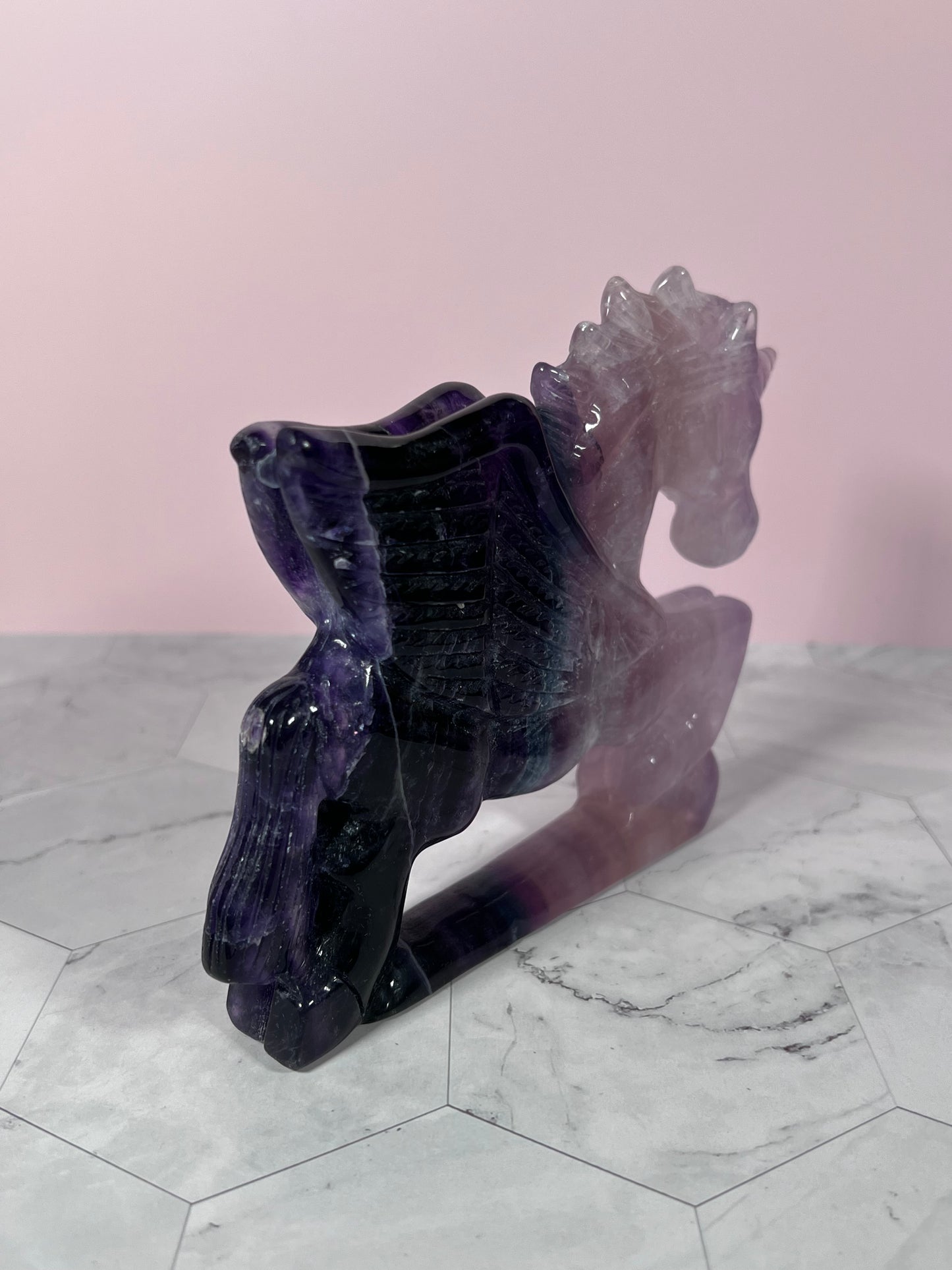 ONE (1) Stunning High Quality Fluorite Flying Unicorn Carving