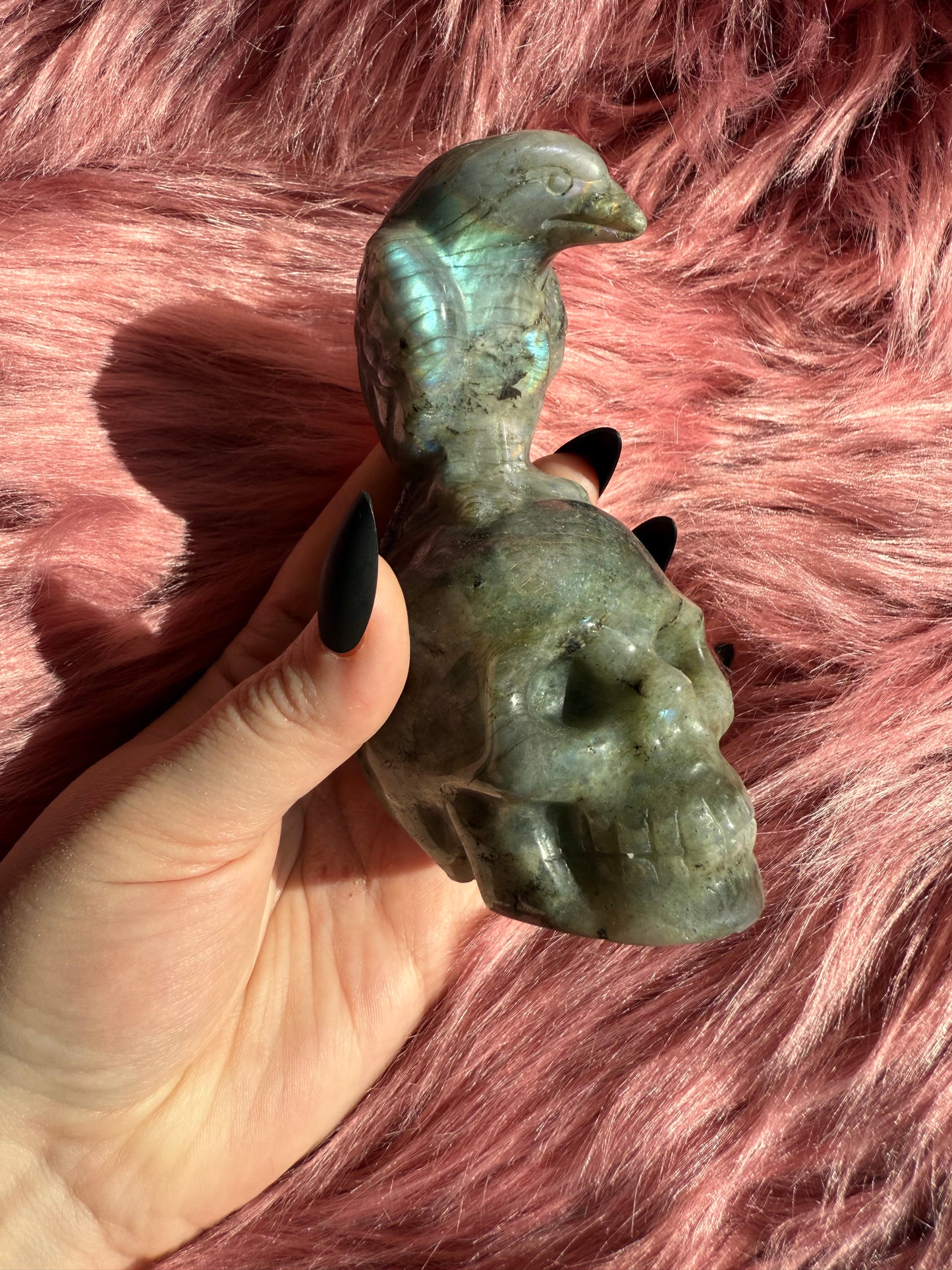 Stunning High Quality Labradorite Skull with Bird Carving