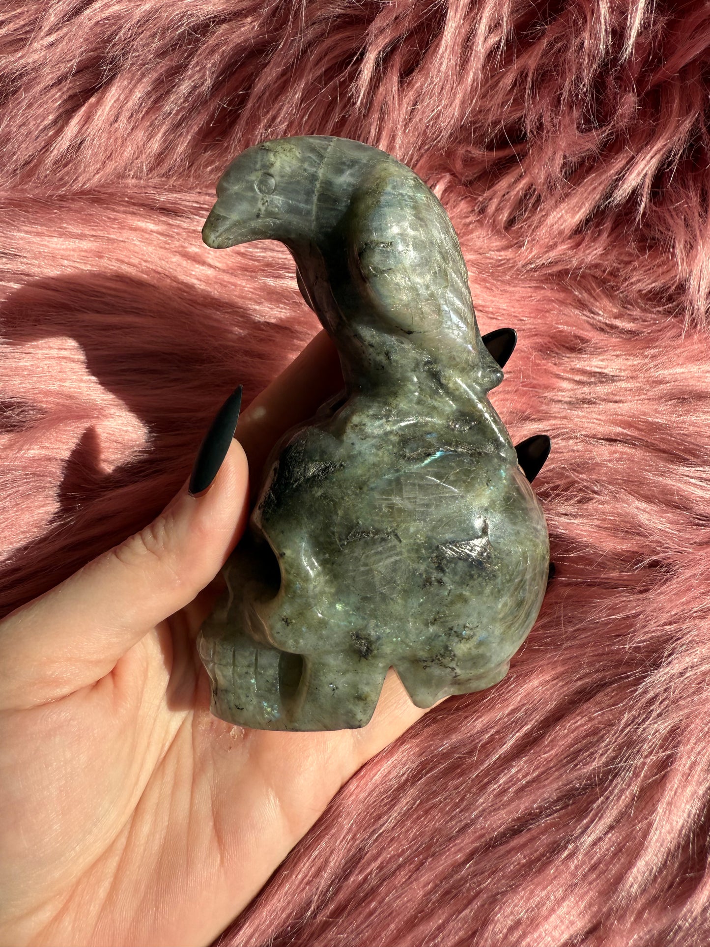 Stunning High Quality Labradorite Skull with Bird Carving