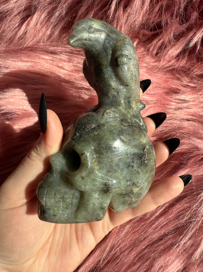 Stunning High Quality Labradorite Skull with Bird Carving