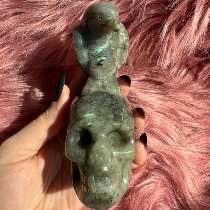 Stunning High Quality Labradorite Skull with Bird Carving
