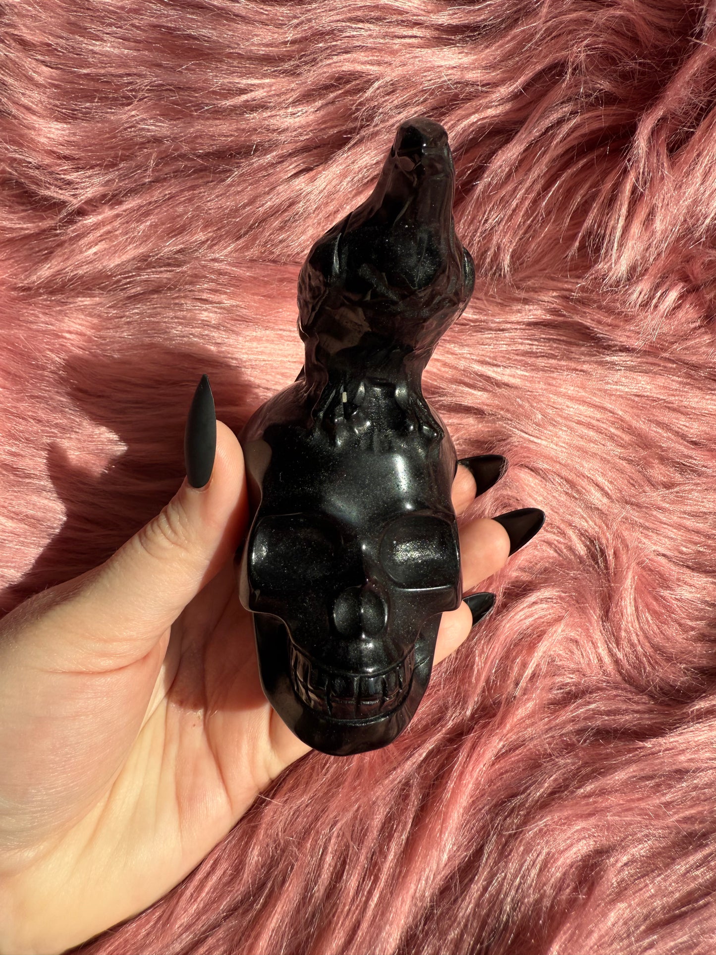 Stunning High Quality Obsidian Skull with Bird Carving