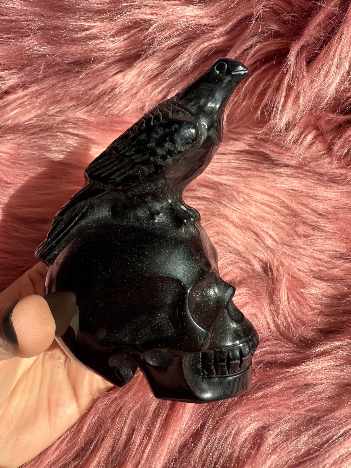 Stunning High Quality Obsidian Skull with Bird Carving