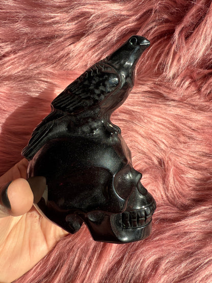 Stunning High Quality Obsidian Skull with Bird Carving