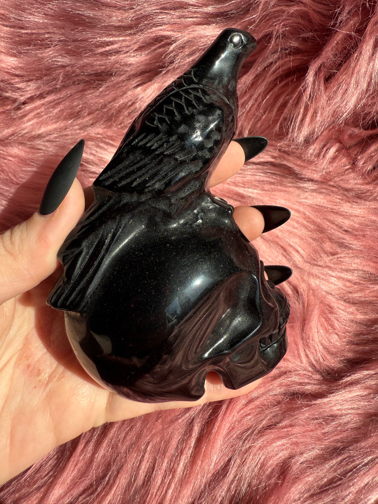 Stunning High Quality Obsidian Skull with Bird Carving