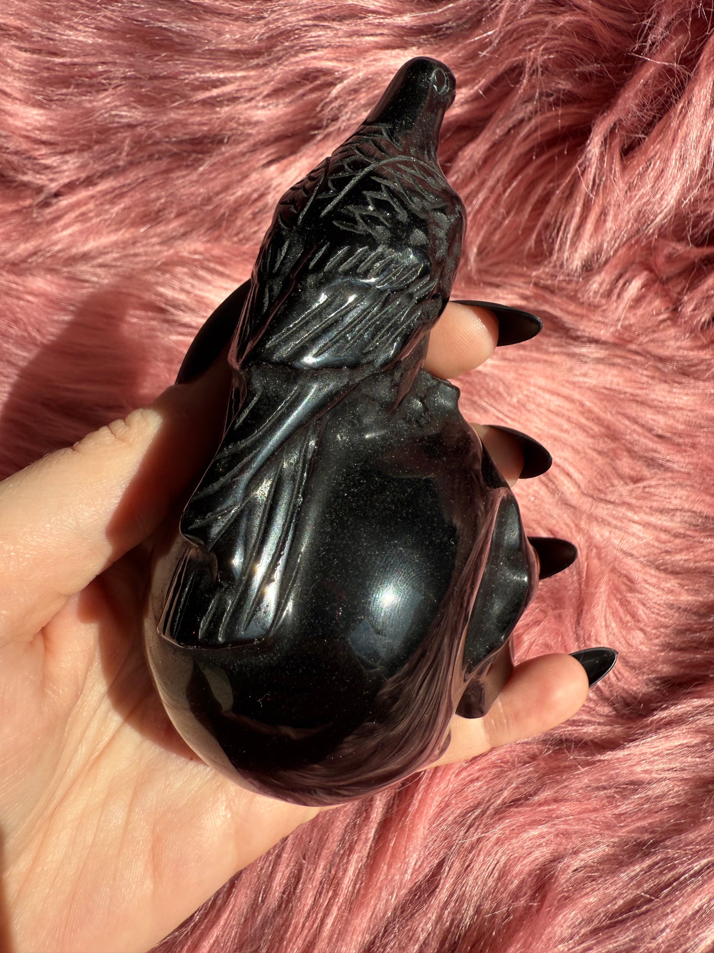 Stunning High Quality Obsidian Skull with Bird Carving