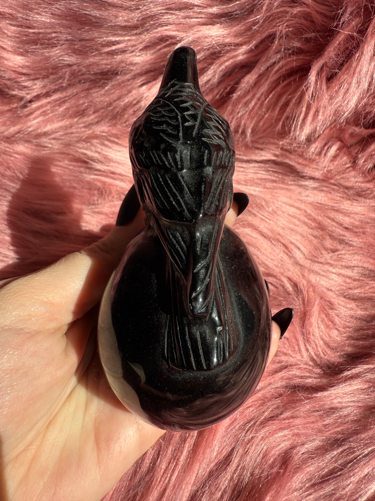 Stunning High Quality Obsidian Skull with Bird Carving