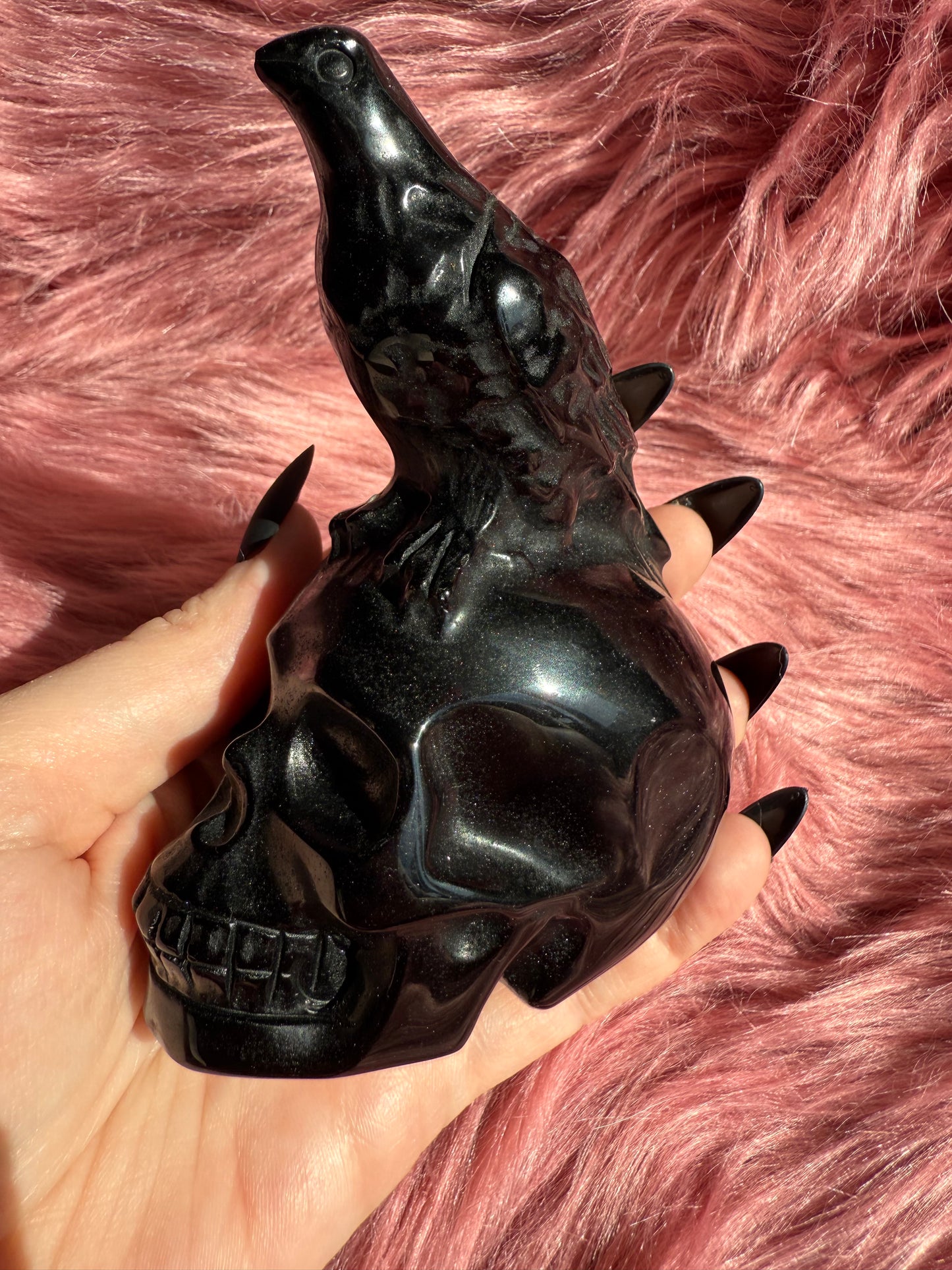 Stunning High Quality Obsidian Skull with Bird Carving