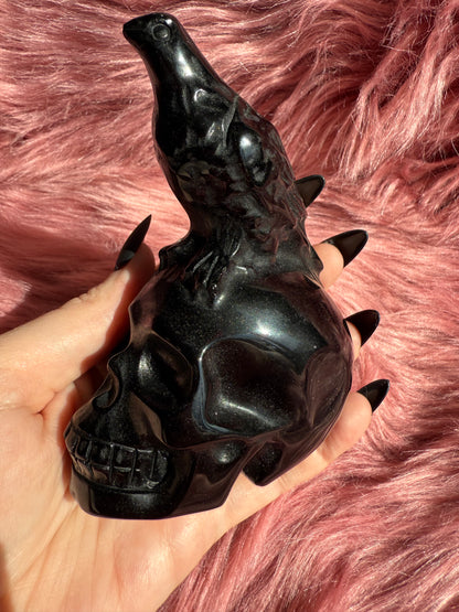 Stunning High Quality Obsidian Skull with Bird Carving