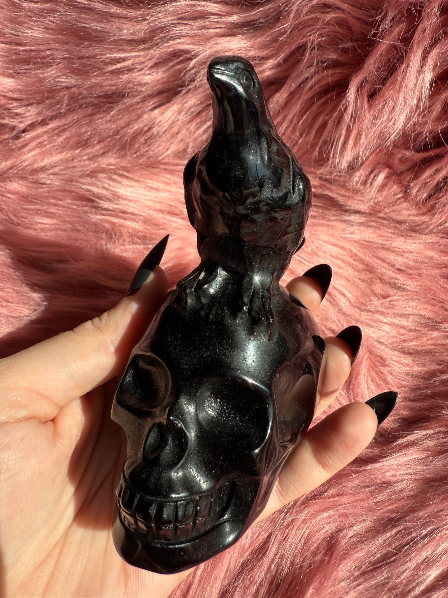 Stunning High Quality Obsidian Skull with Bird Carving