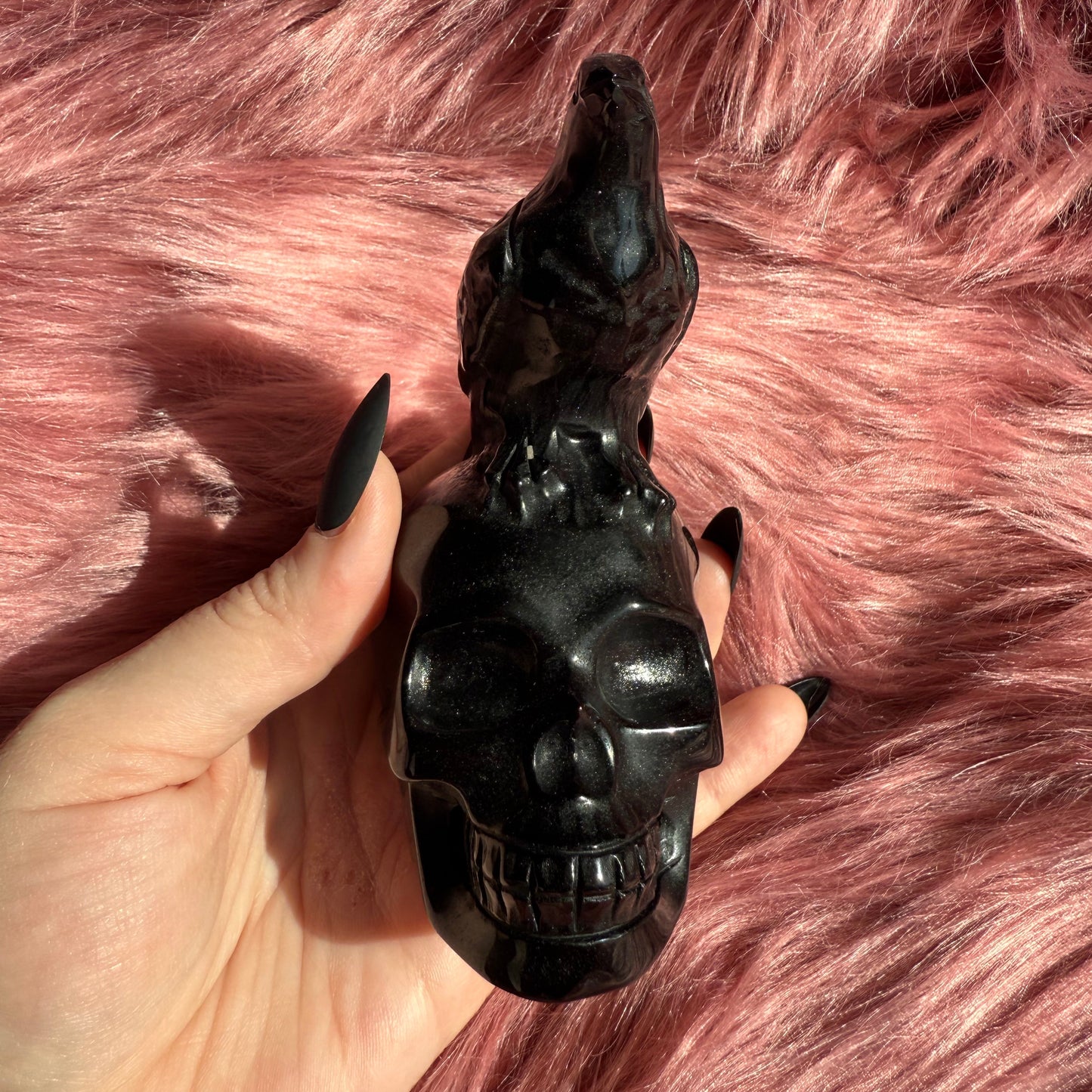 Stunning High Quality Obsidian Skull with Bird Carving