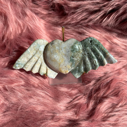 Stunning High Quality Moss Agate Heart with Wings Carving INCLUDES STAND