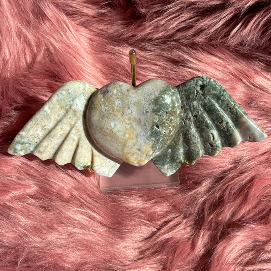 Stunning High Quality Moss Agate Heart with Wings Carving INCLUDES STAND