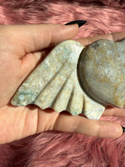 Stunning High Quality Moss Agate Heart with Wings Carving INCLUDES STAND