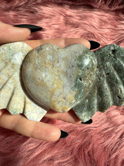 Stunning High Quality Moss Agate Heart with Wings Carving INCLUDES STAND