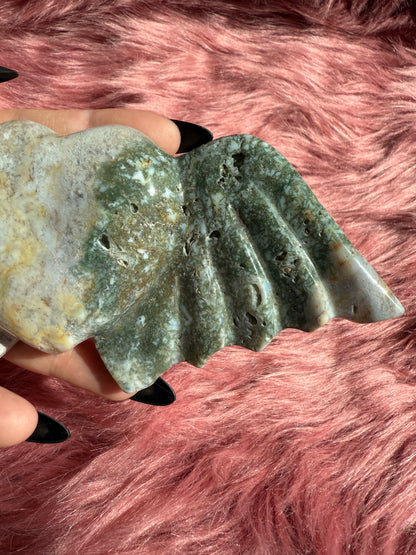 Stunning High Quality Moss Agate Heart with Wings Carving INCLUDES STAND