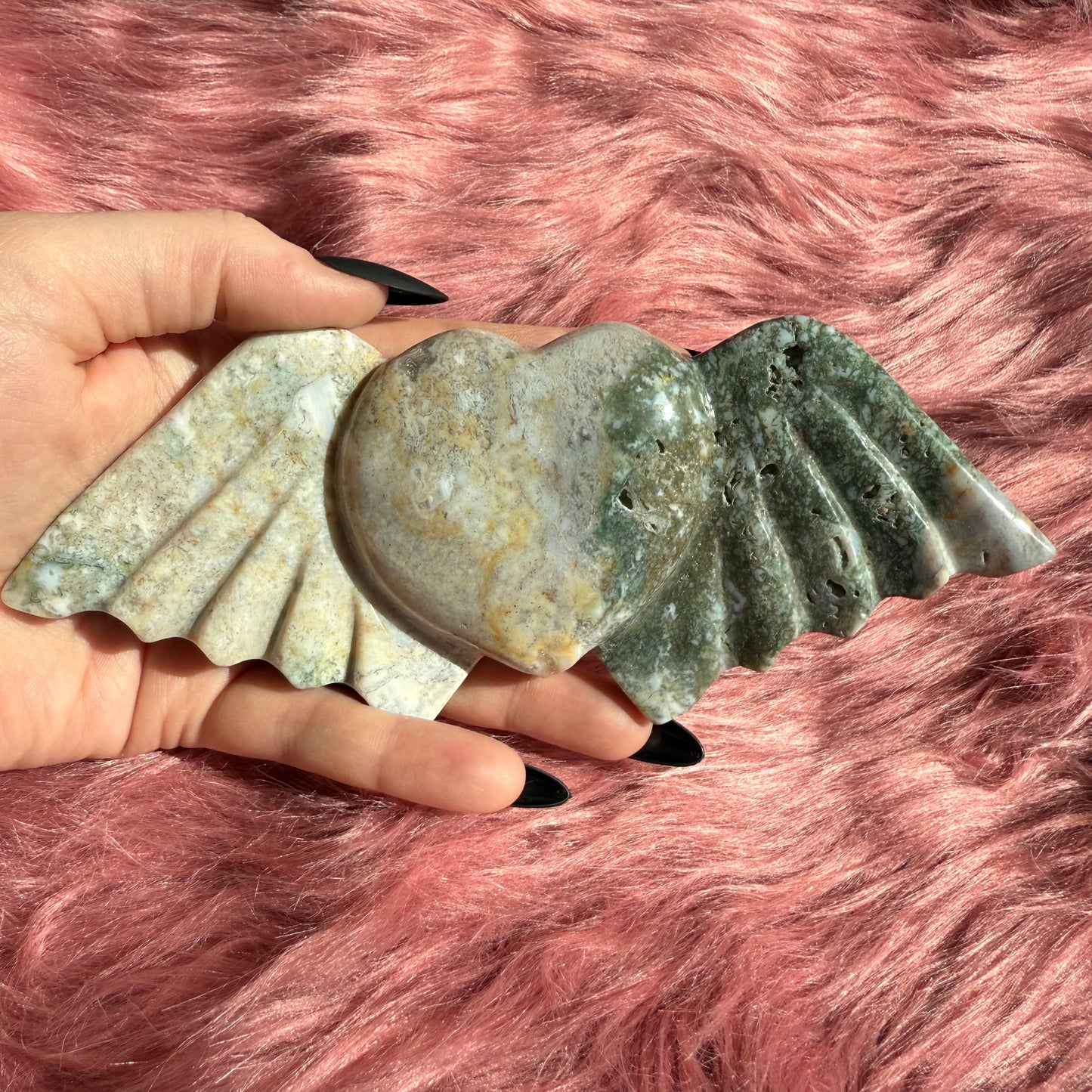 Stunning High Quality Moss Agate Heart with Wings Carving INCLUDES STAND