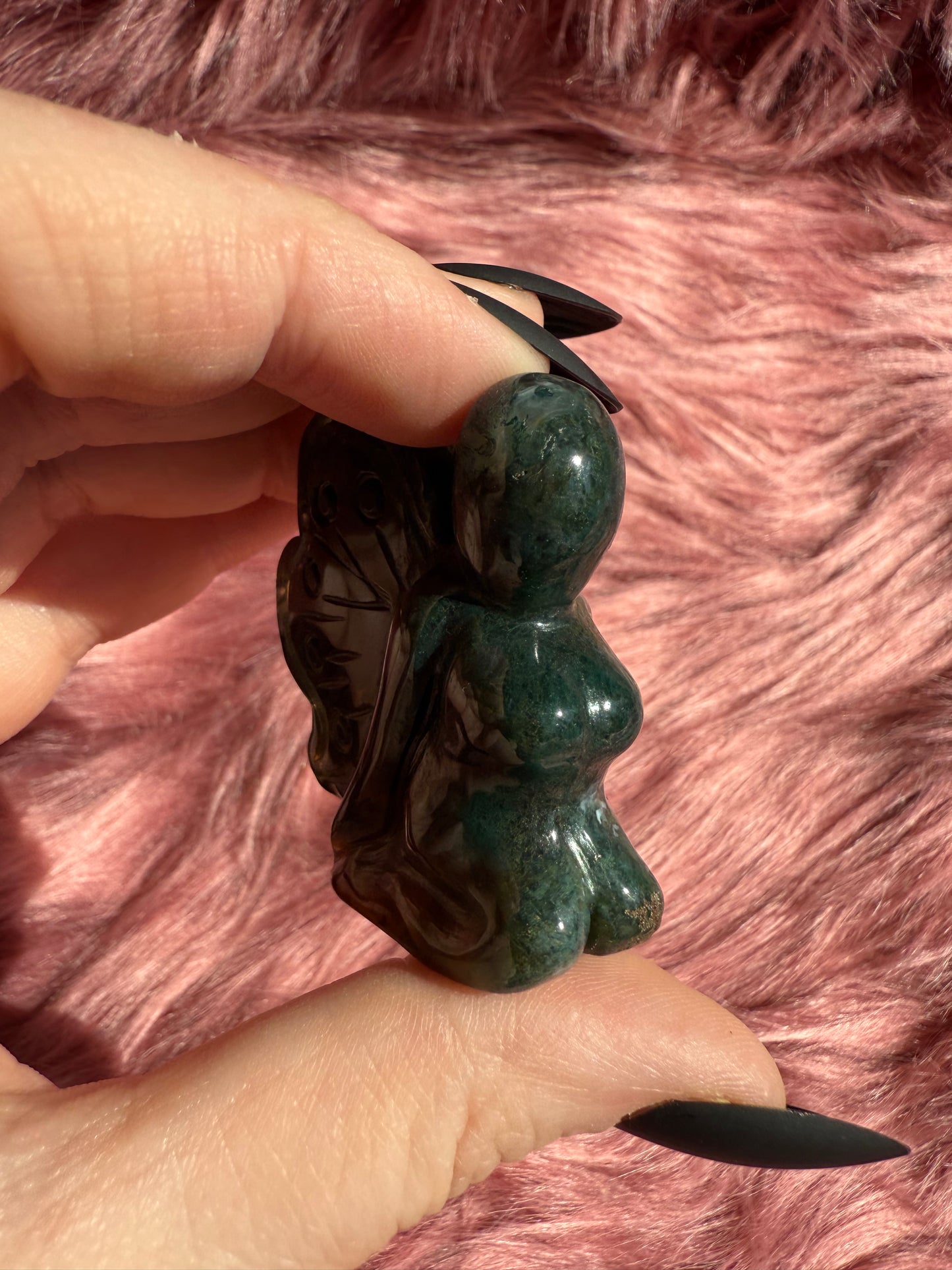 Stunning Blue Green Moss Agate Fairy Crystal Carving - D