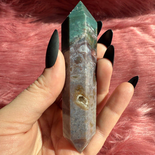 Stunning High Quality Sea Jasper Double Terminated Point with Druzy Pocket - C