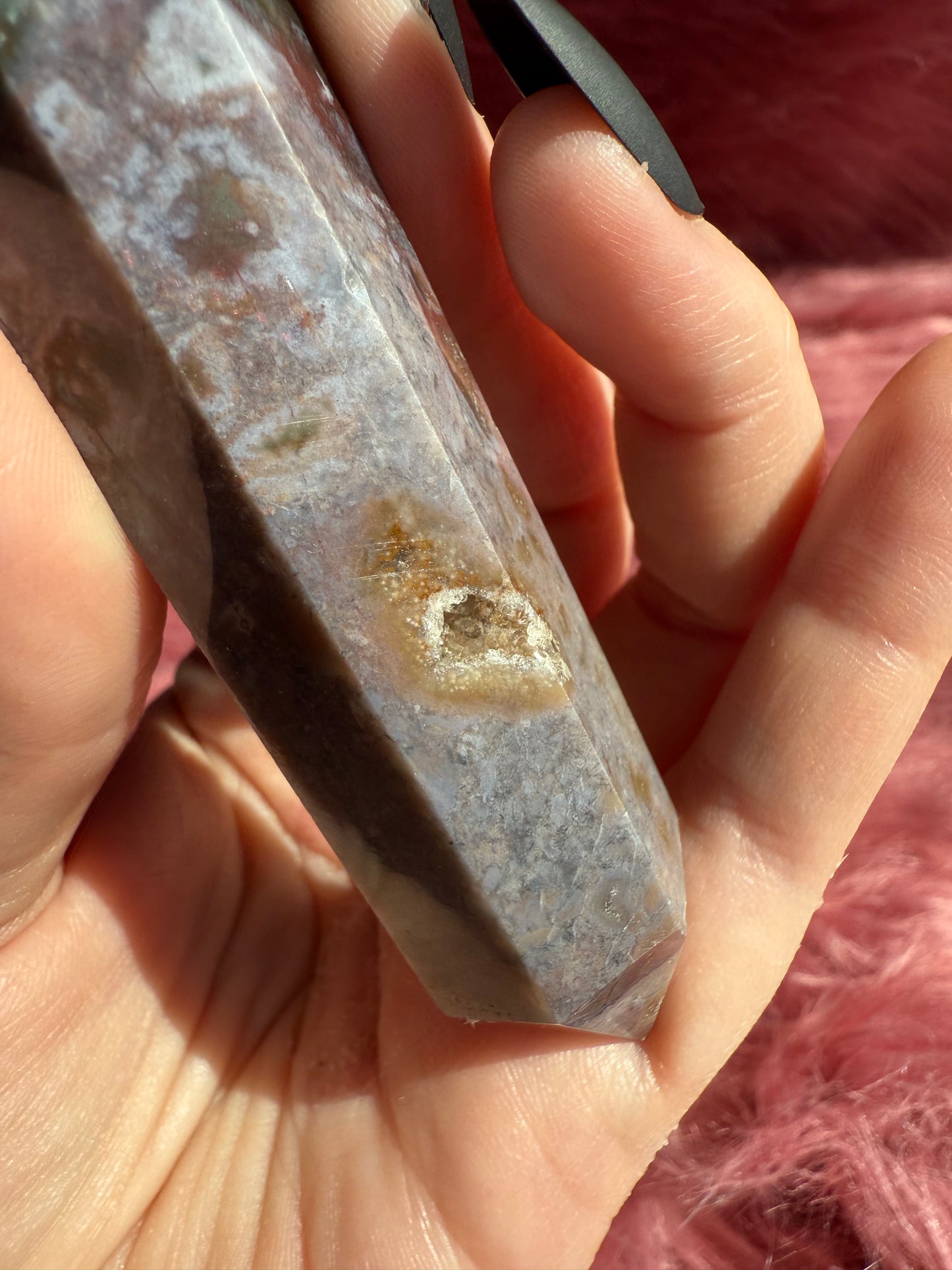 Stunning High Quality Sea Jasper Double Terminated Point with Druzy Pocket - C
