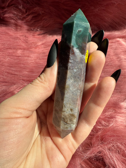 Stunning High Quality Sea Jasper Double Terminated Point with Druzy Pocket - C
