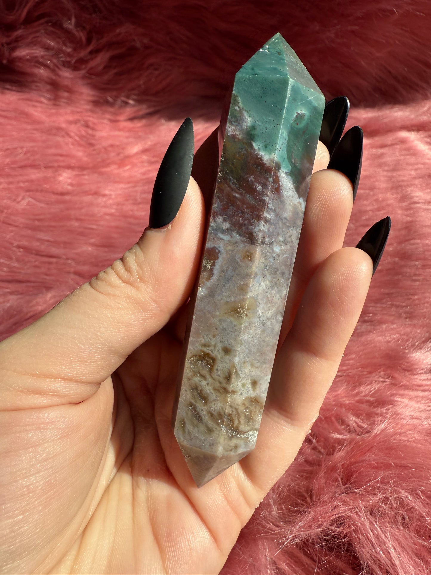 Stunning High Quality Sea Jasper Double Terminated Point with Druzy Pocket - C