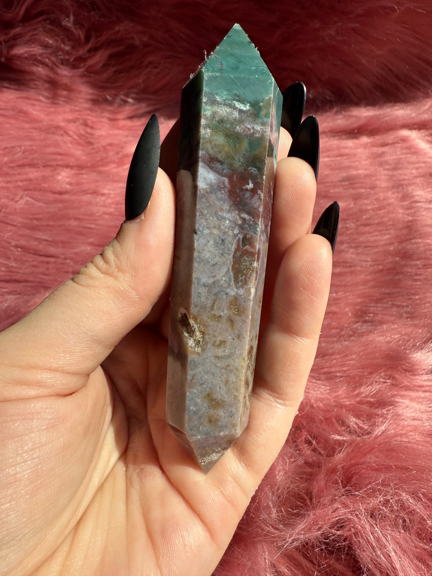 Stunning High Quality Sea Jasper Double Terminated Point with Druzy Pocket - C