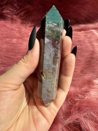 Stunning High Quality Sea Jasper Double Terminated Point with Druzy Pocket - C