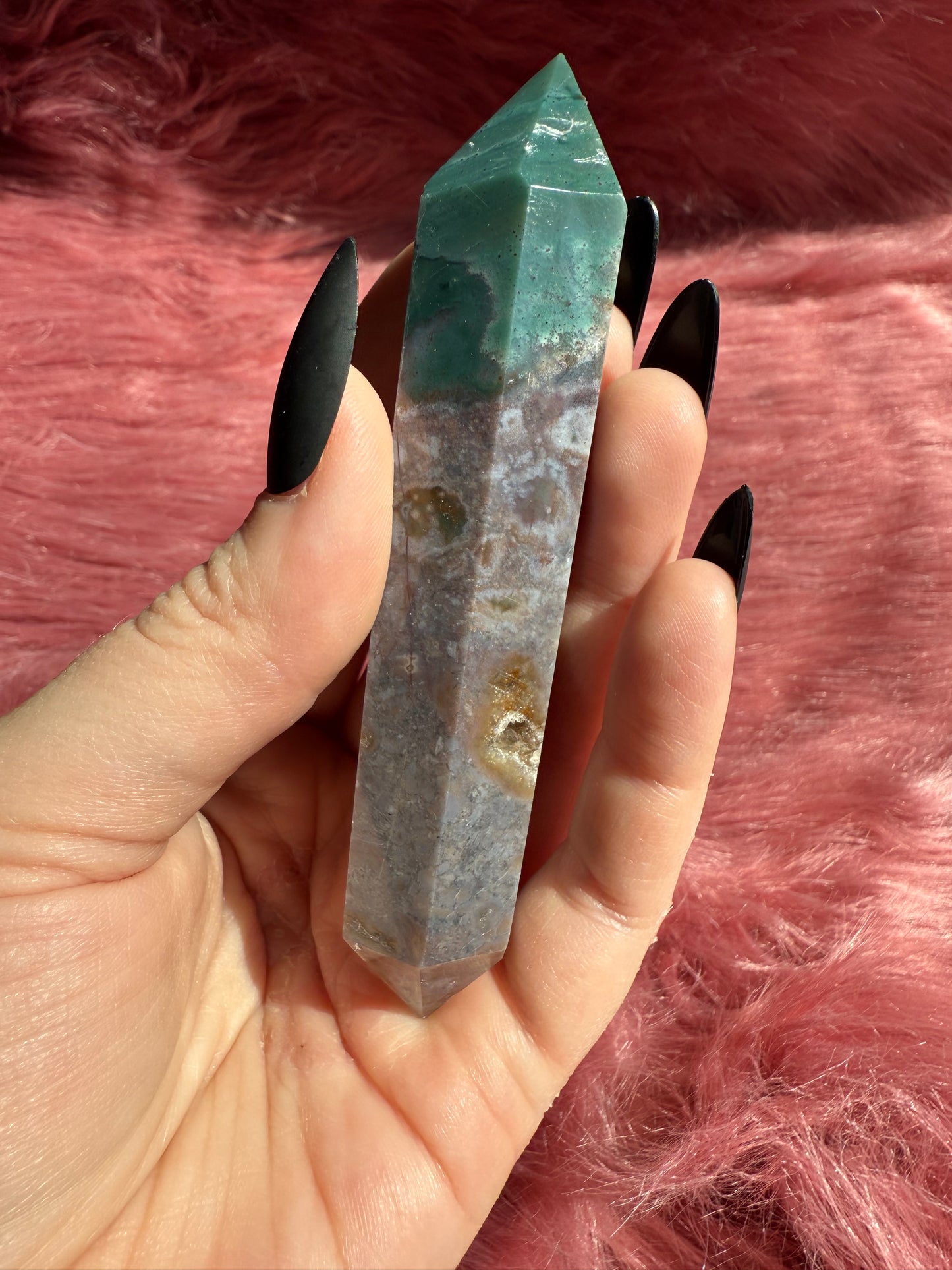 Stunning High Quality Sea Jasper Double Terminated Point with Druzy Pocket - C