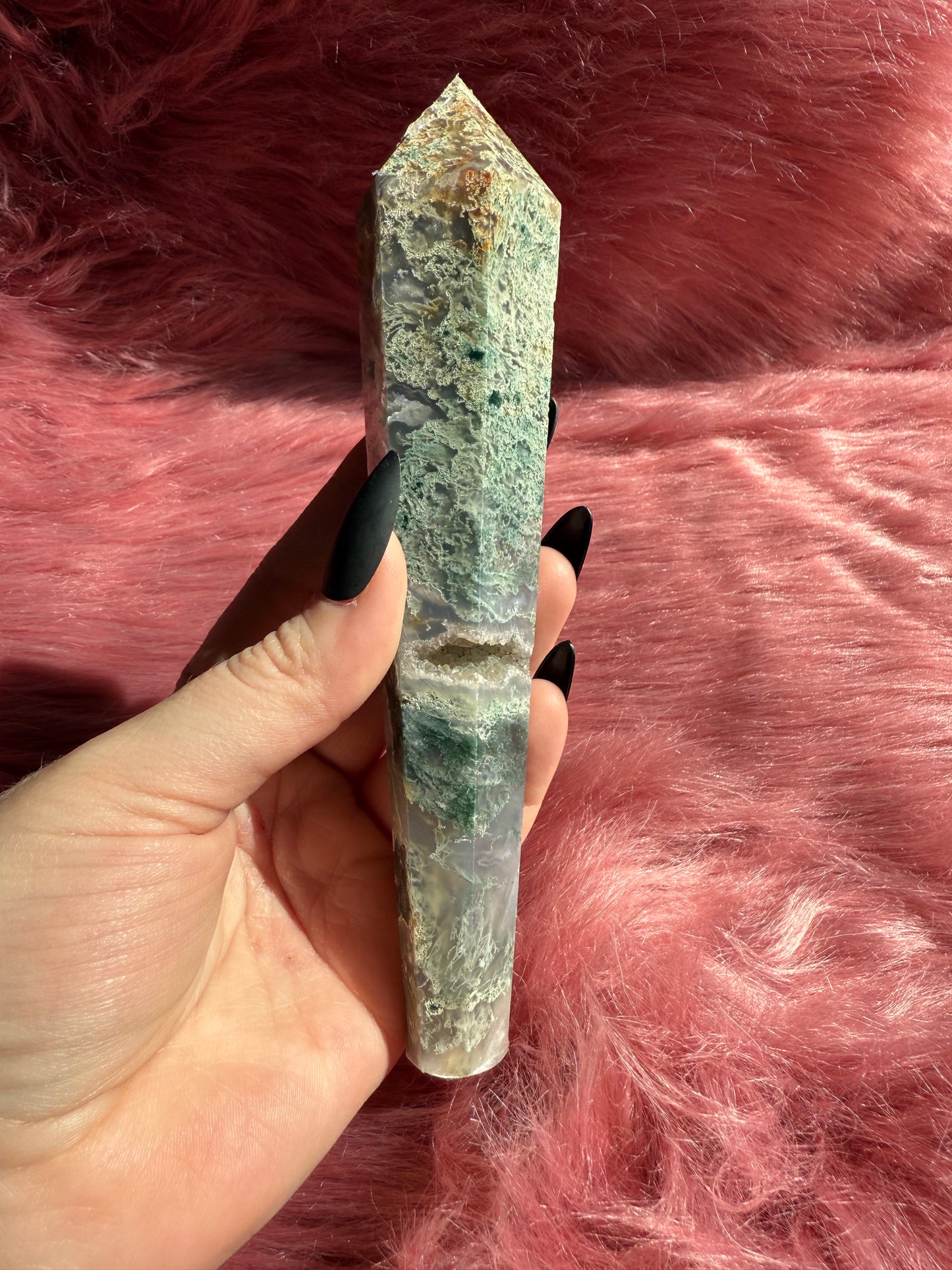 Stunning High Quality Moss Agate Wand with Druzy Pocket - A