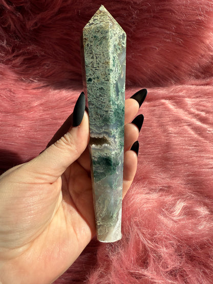 Stunning High Quality Moss Agate Wand with Druzy Pocket - A