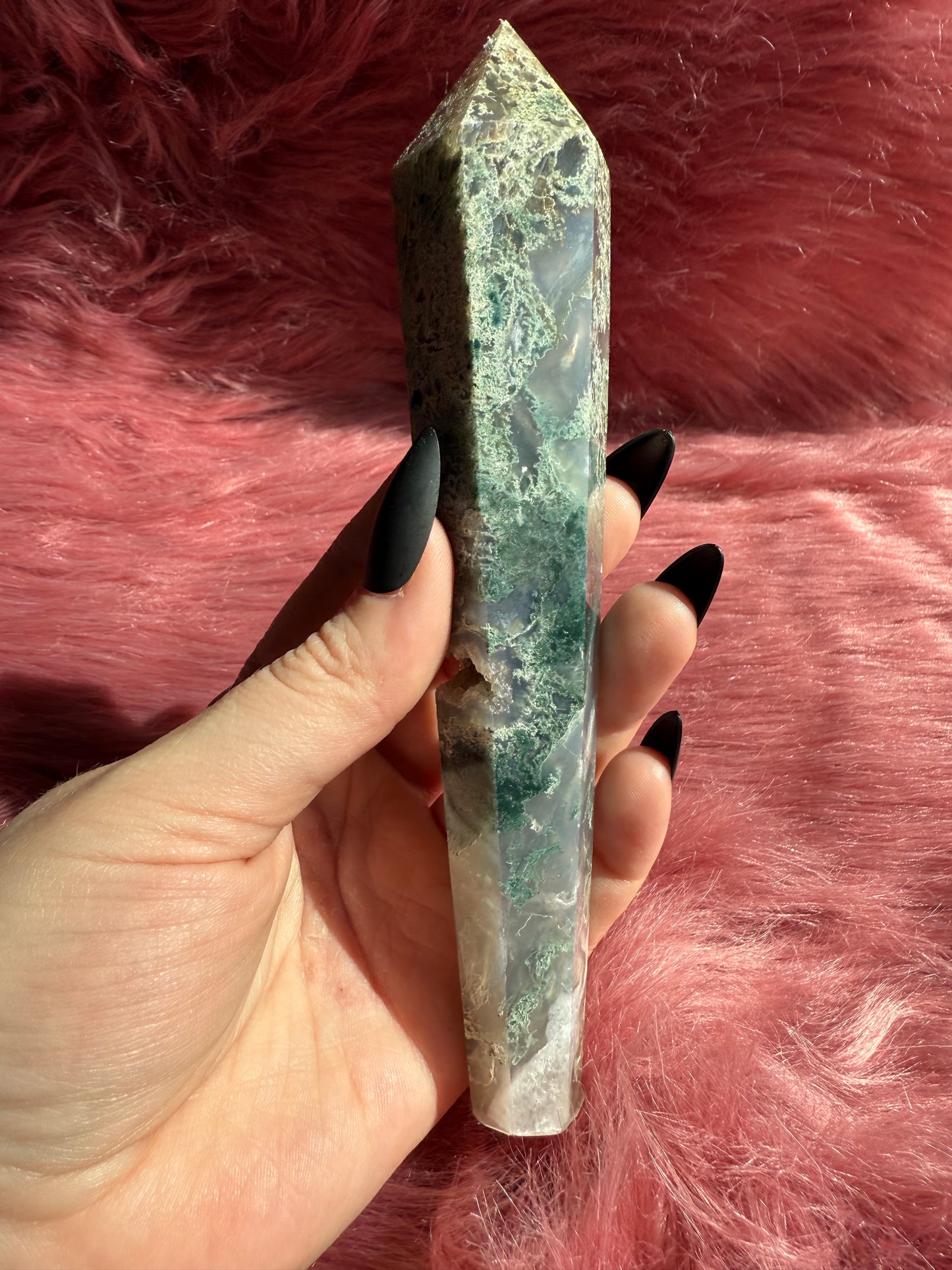 Stunning High Quality Moss Agate Wand with Druzy Pocket - A