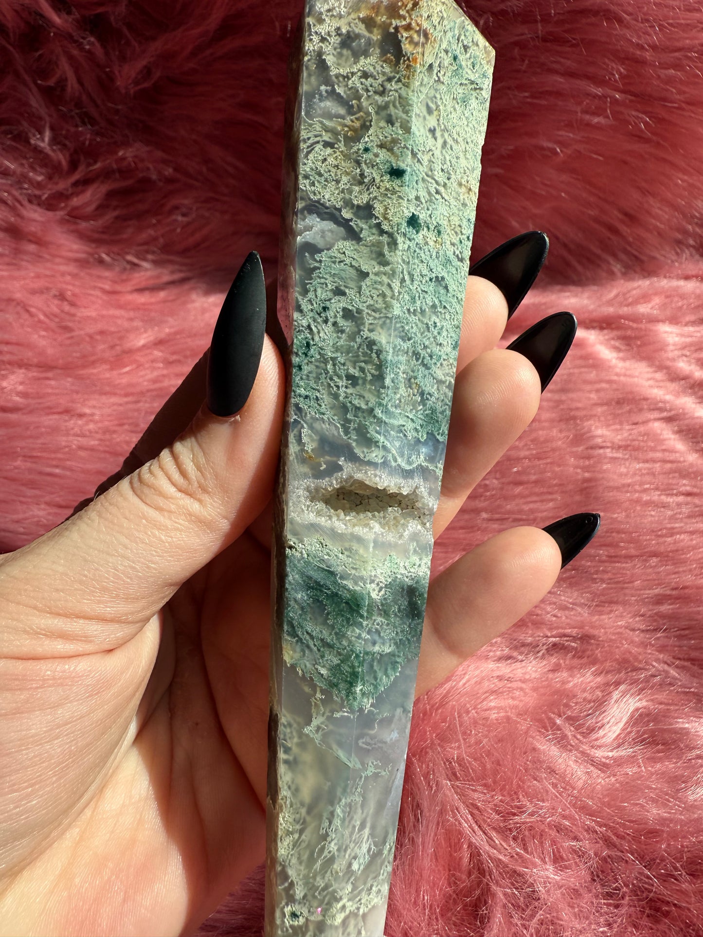 Stunning High Quality Moss Agate Wand with Druzy Pocket - A