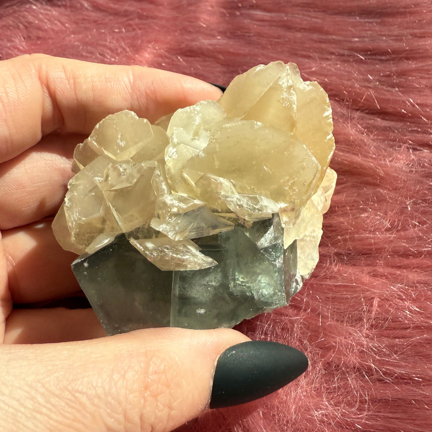Stunning Small Blue Green Fluorite Specimen with Calcite, includes Display Stand