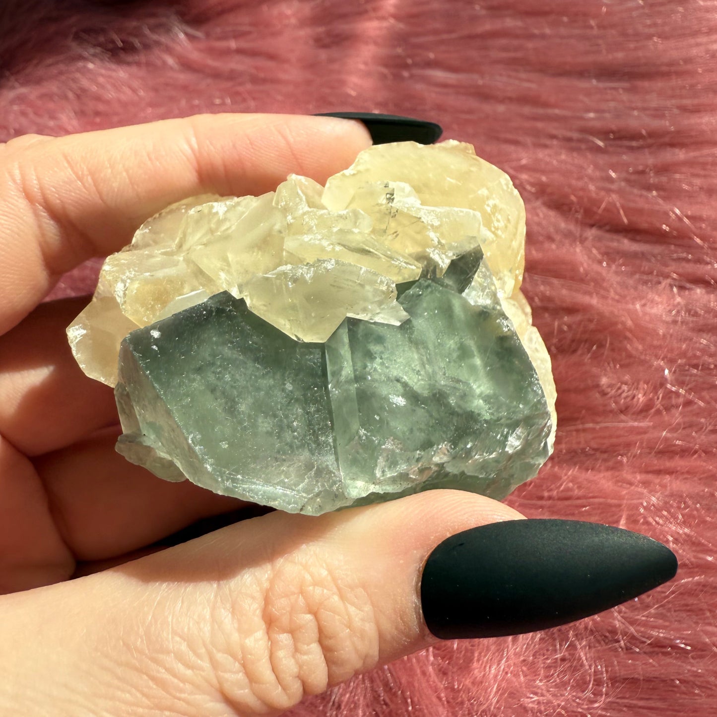 Stunning Small Blue Green Fluorite Specimen with Calcite, includes Display Stand