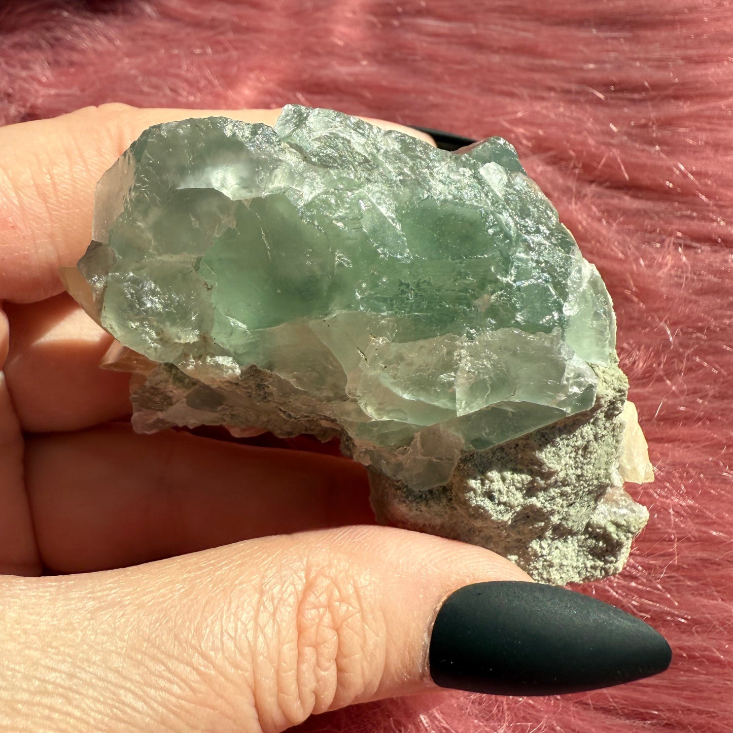 Stunning Small Blue Green Fluorite Specimen with Calcite, includes Display Stand