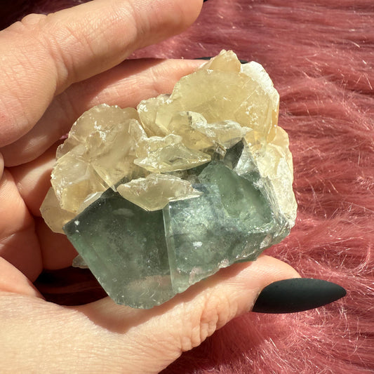Stunning Small Blue Green Fluorite Specimen with Calcite, includes Display Stand
