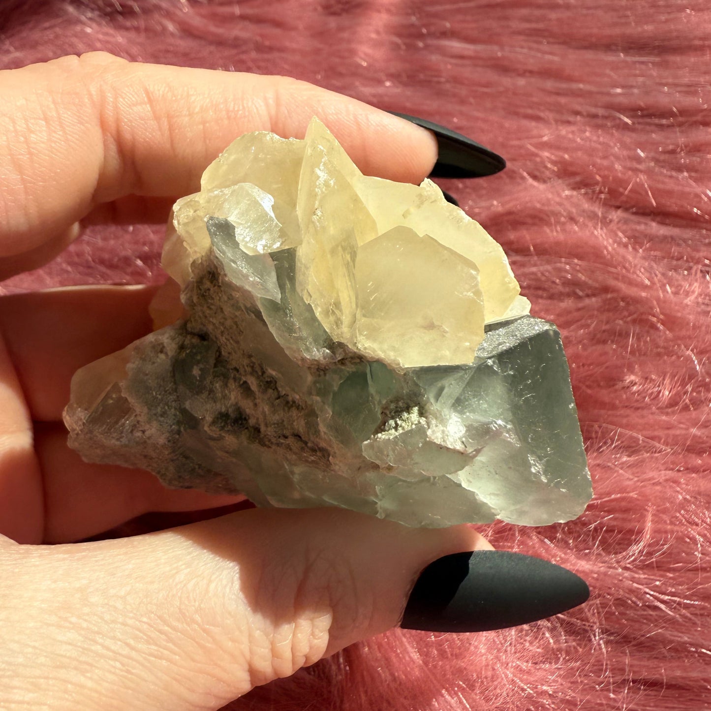 Stunning Small Blue Green Fluorite Specimen with Calcite, includes Display Stand