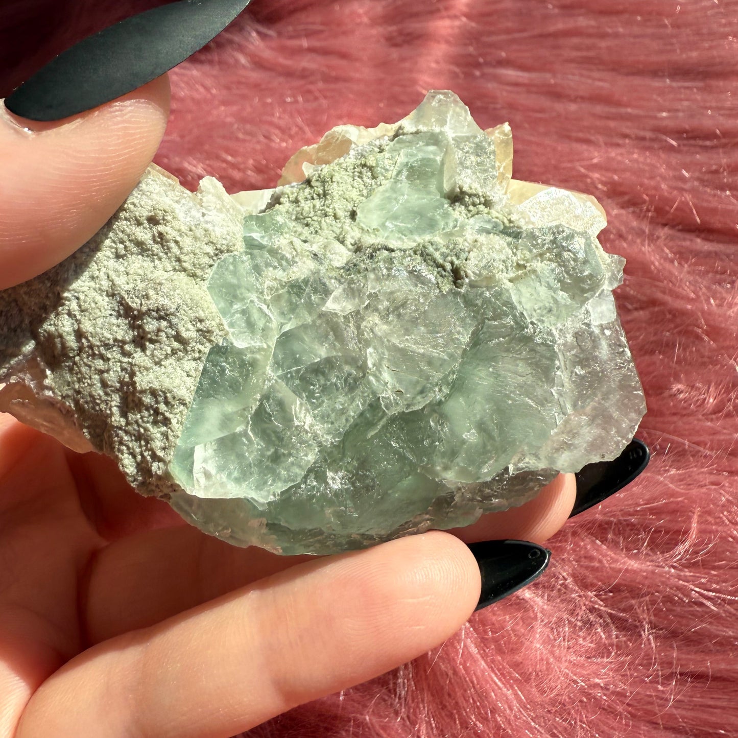 Stunning Small Blue Green Fluorite Specimen with Calcite, includes Display Stand