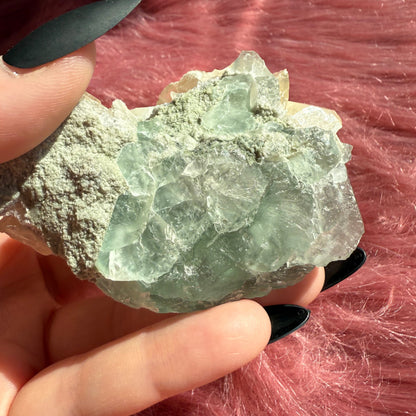 Stunning Small Blue Green Fluorite Specimen with Calcite, includes Display Stand