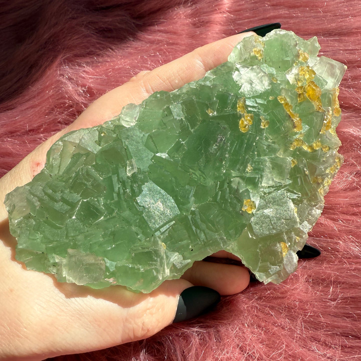 Stunning Large Green Fluorite Specimen with Barite, includes Display Stand