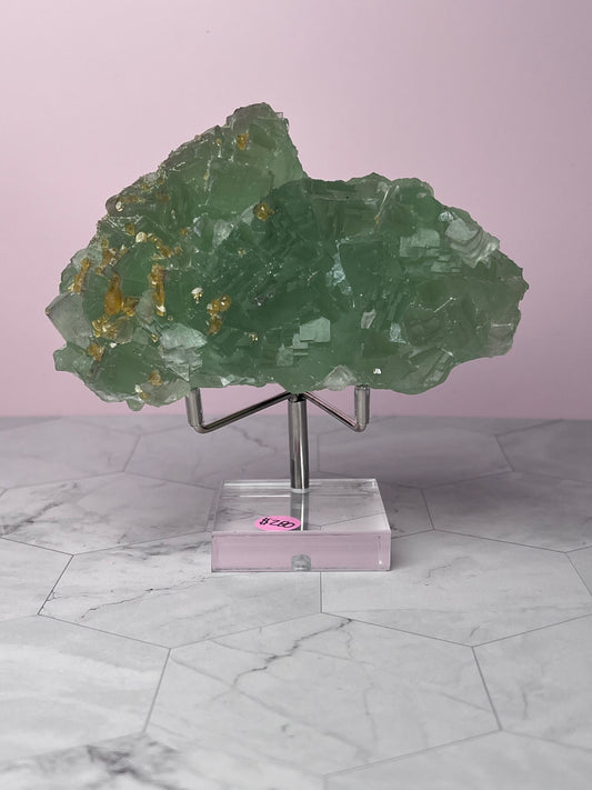 ONE (1) Stunning Large Green Fluorite with Barite, includes Display Stand