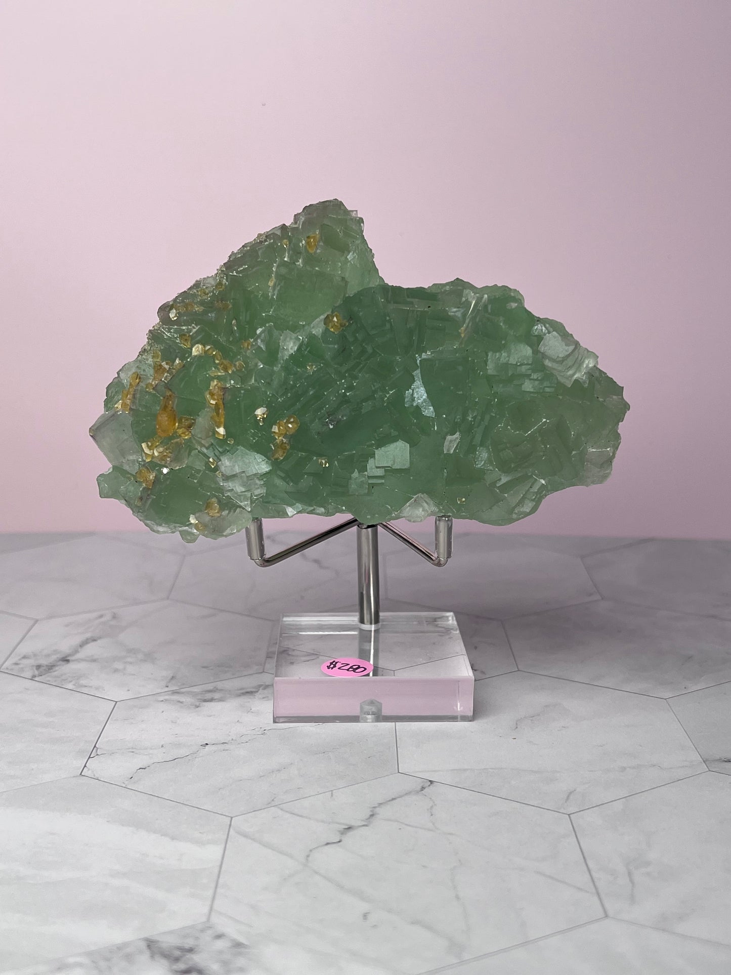 ONE (1) Stunning Large Green Fluorite with Barite, includes Display Stand