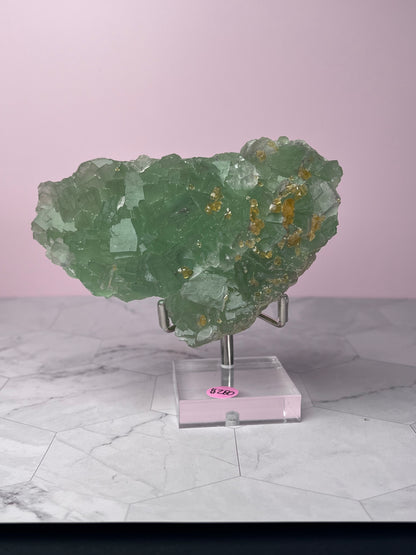 ONE (1) Stunning Large Green Fluorite with Barite, includes Display Stand